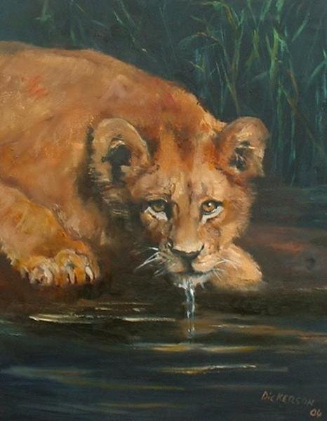 Lion Cub Drinking [2005] by Marlene Dickerson