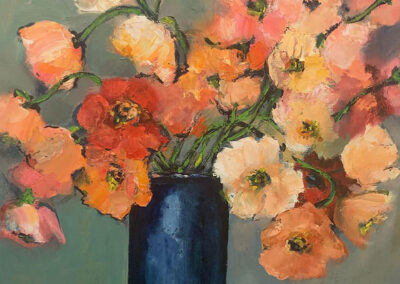 Vibrant Poppies in a Navy Blue Vase